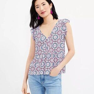 Loft Floral Geometric Peplum V Neck Sleeveless Top Pink Blue Petite